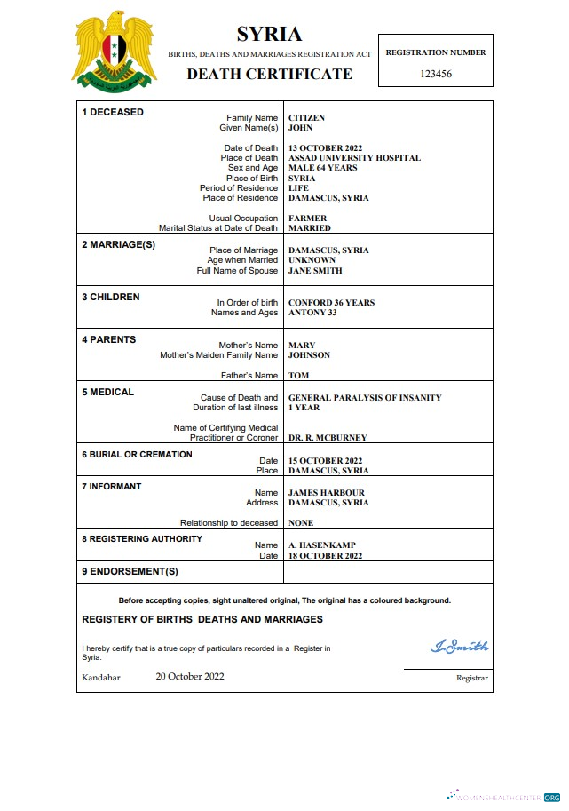 Download Syria vital record death certificate Word and PDF template Photoshop template
